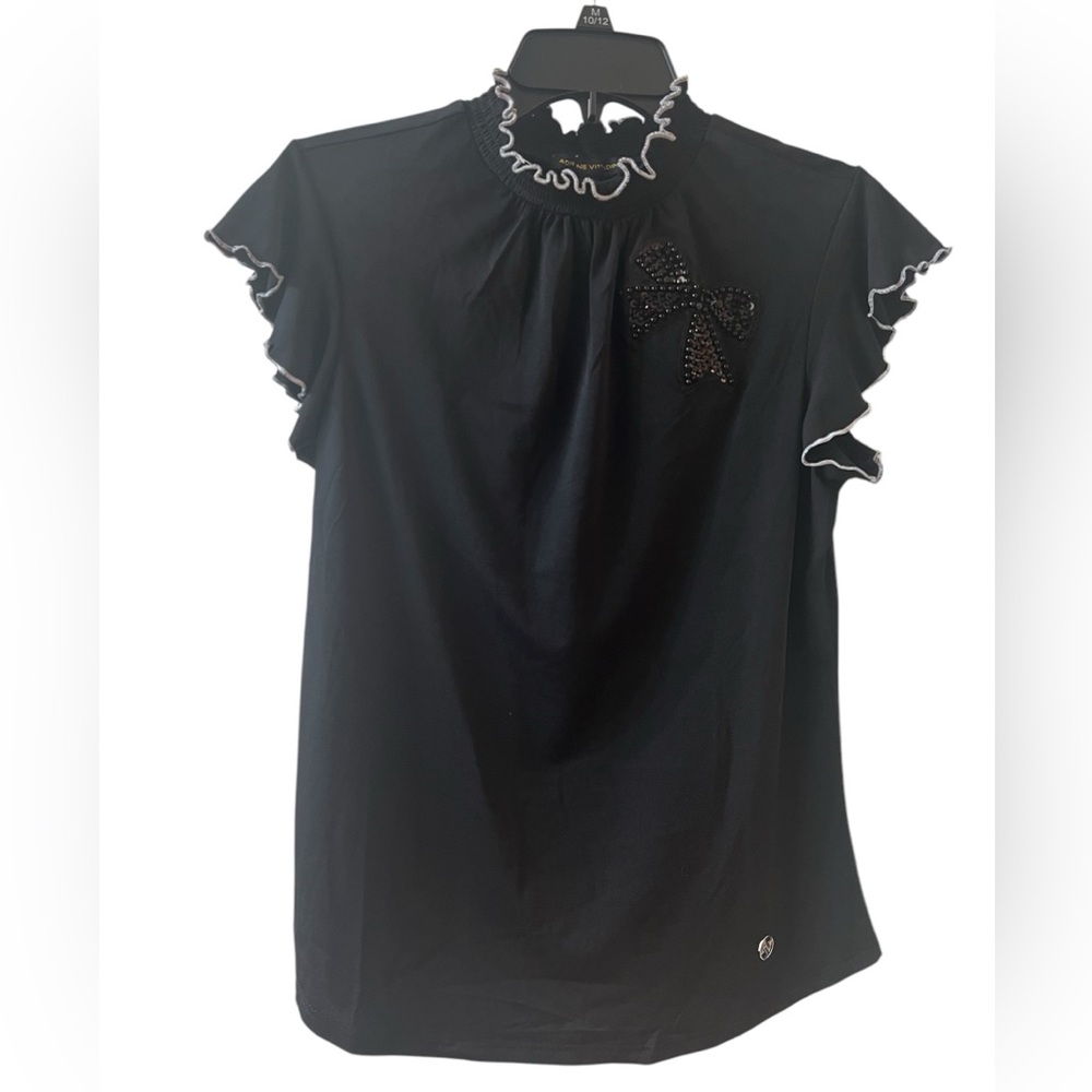 Adrienne Vittadini mock neck lettuce trim woman top